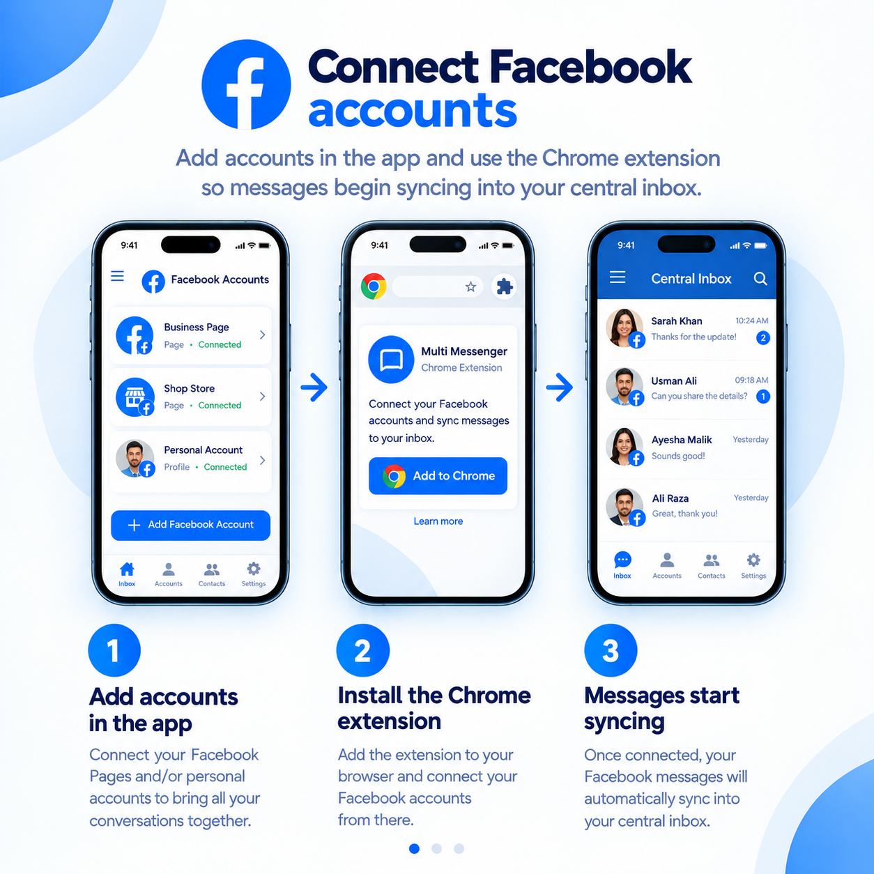 Connect Facebook accounts with the app and Chrome extension