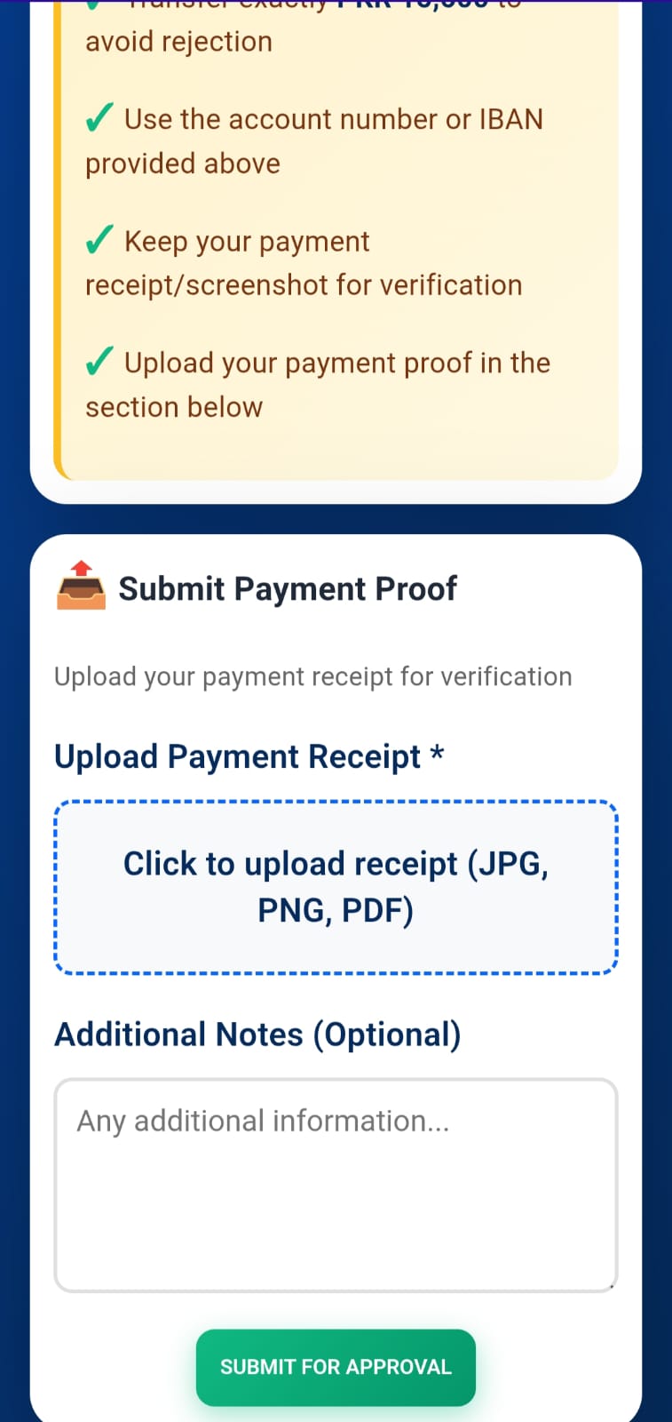 Submit payment proof for verification